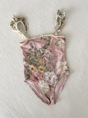 Zimmermann Pink Floral Ruffle-Strap Kids One-Piece Swimsuit